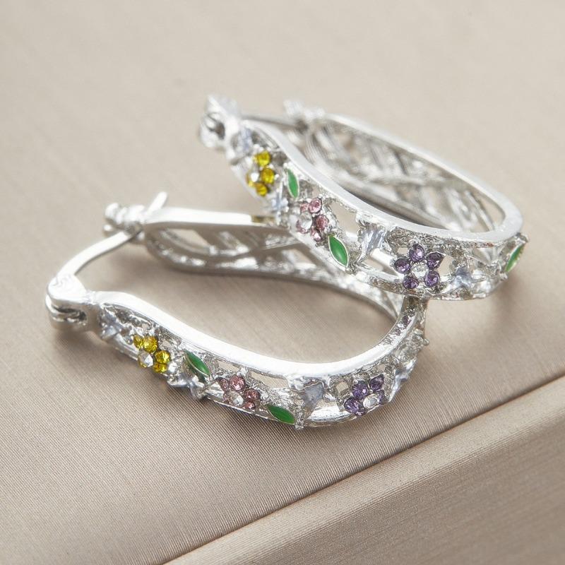 Huajie Three Colors Women's Colorful Zircon Floral Shape Hollow Design Hoop Earrings Delicate Elegant Female Ear  Tide