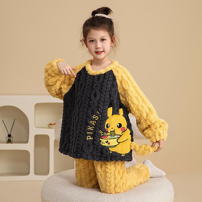 Kids Flannel Pajamas Set Boys Girls Warm Long Sleeve Top And Pants Sleepwear Winter Home Nightwear