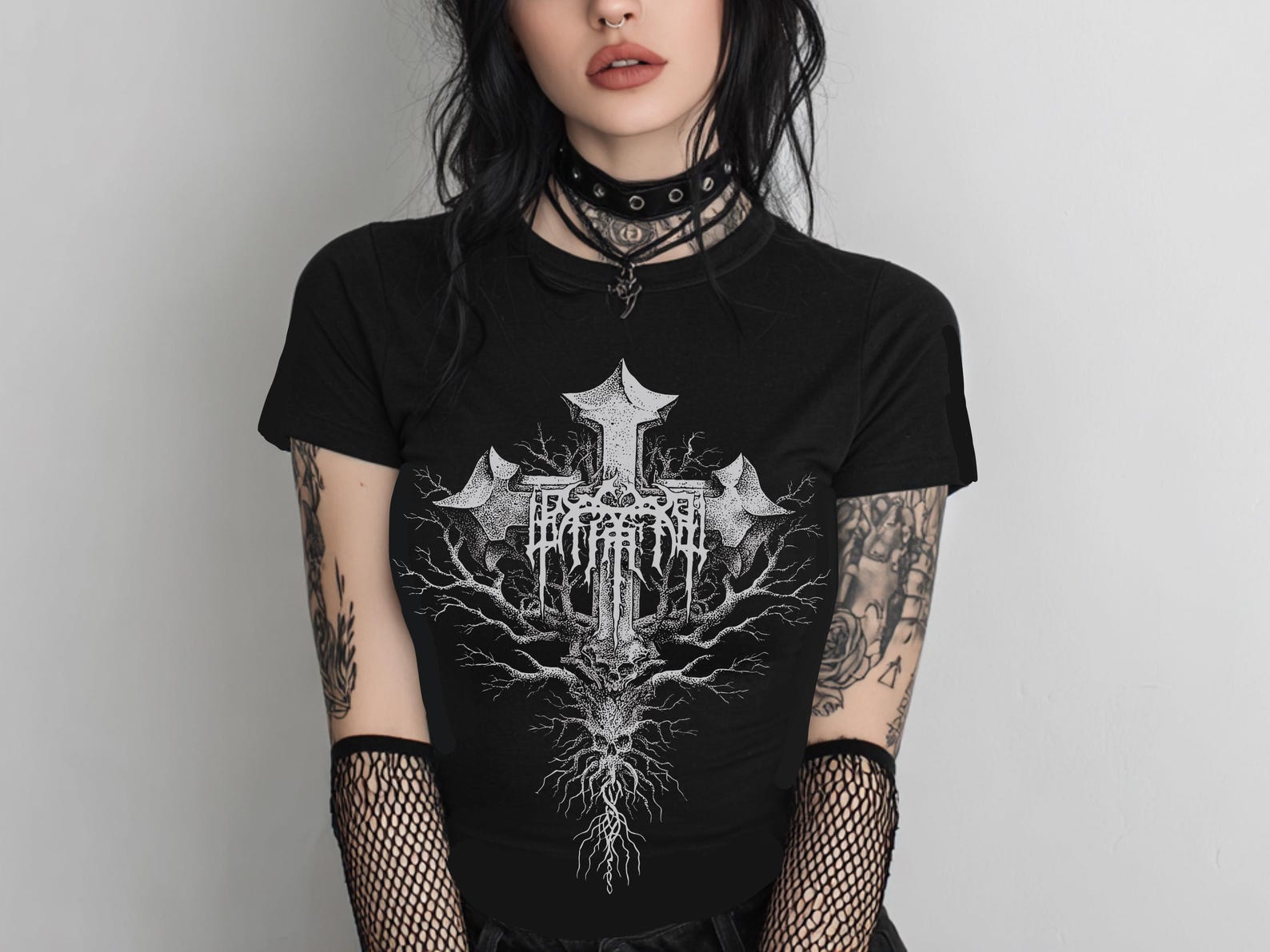 Y2K Gothic Cross Fitted T-Shirt, Emo Punk Grunge Shirt, Witchy Pastel Goth Graphic Shirt, Alternative Mall Goth Clothing, Goth Gift For Her M