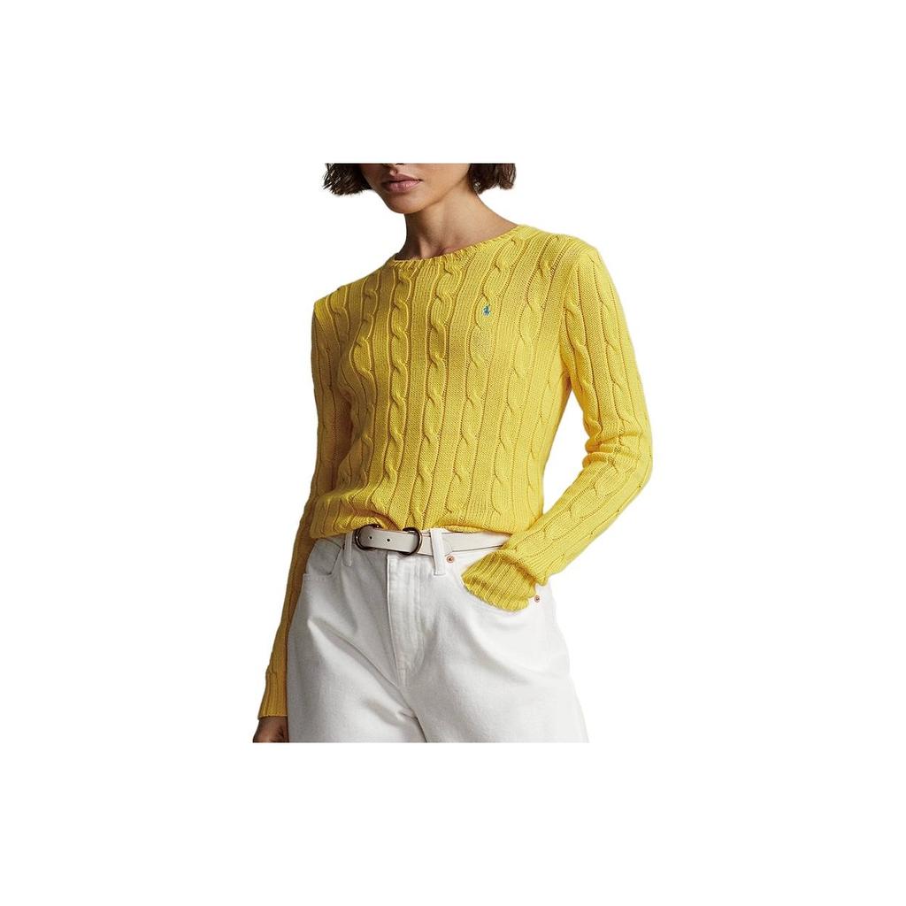 Polo Ralph Lauren FW23 Jednobarevný kabelový úplet s kulatým výstřihem a dlouhým rukávem Dámský svetr Žlutý 211570012041