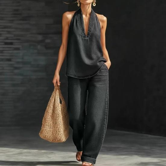 Halter Denim Set for Women Sleeveless Tank Top And Wide Leg Pants Lounge Sets Summer Casual Two Piece Outfits with Pockets