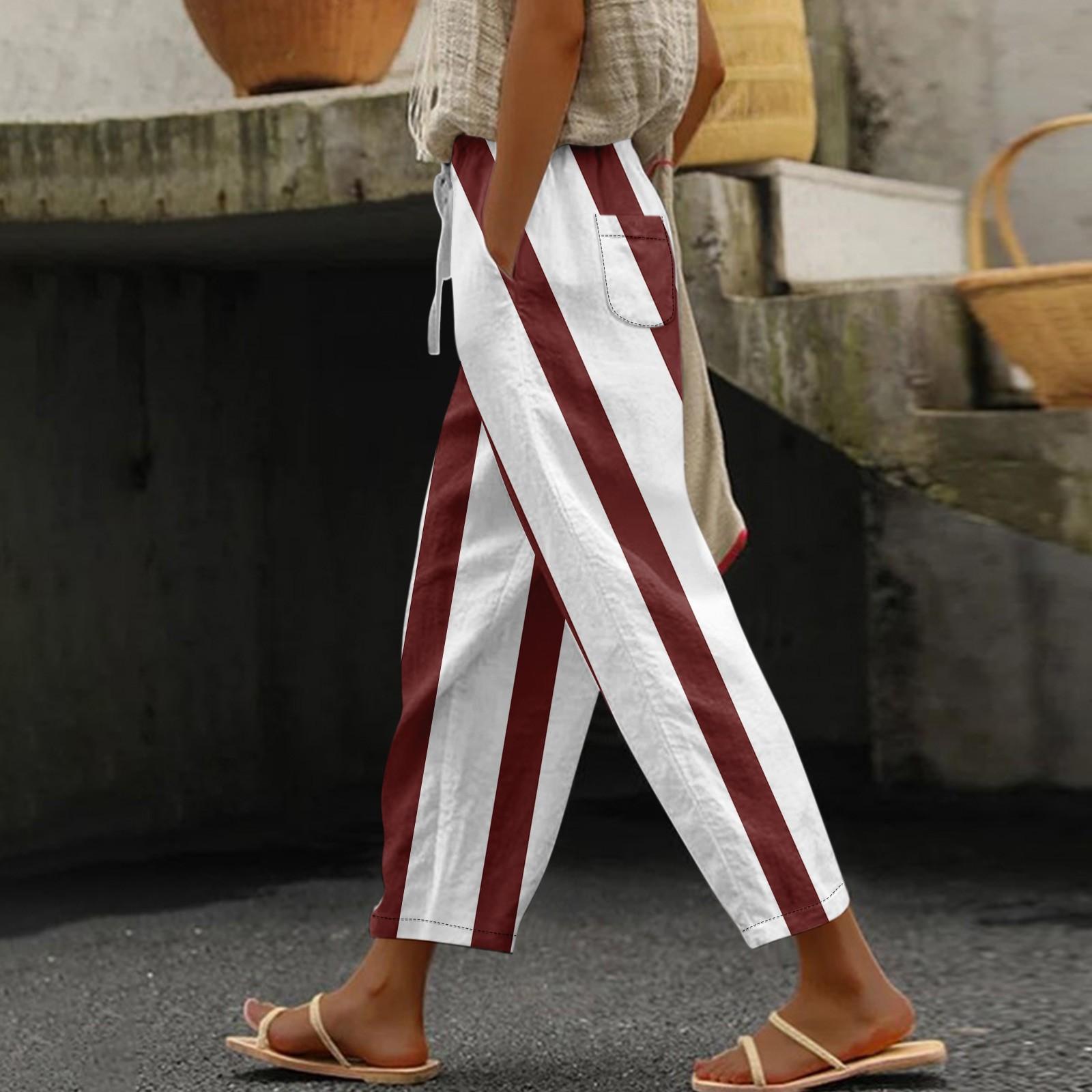 

Женские повседневные модные эластичные повседневные брюки с полосатым принтом M коричневый