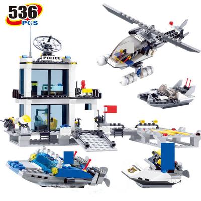 536Pcs City Police Station Helicopter Ship Model Building Blocks SWAT Technic Brinquedos Bricks Educational Toys for Children