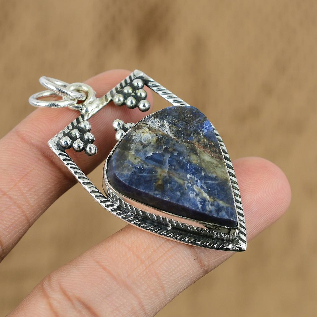 Sterling Silver Third Eye Chakra Pear Natural Sodalite Rough Anniversary Pendant