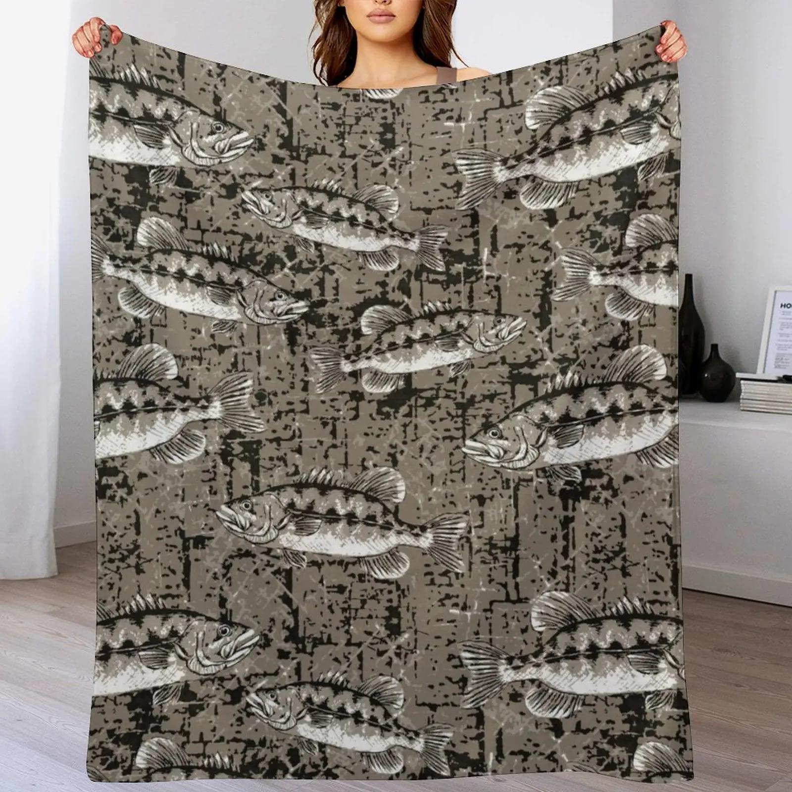 Monochromatic Largemouth Bass Camo Pattern - Bark Brown Throw Blanket Machine Washable Soft Warm Blanket Size: 75*100cm, Weight: 230 GSM