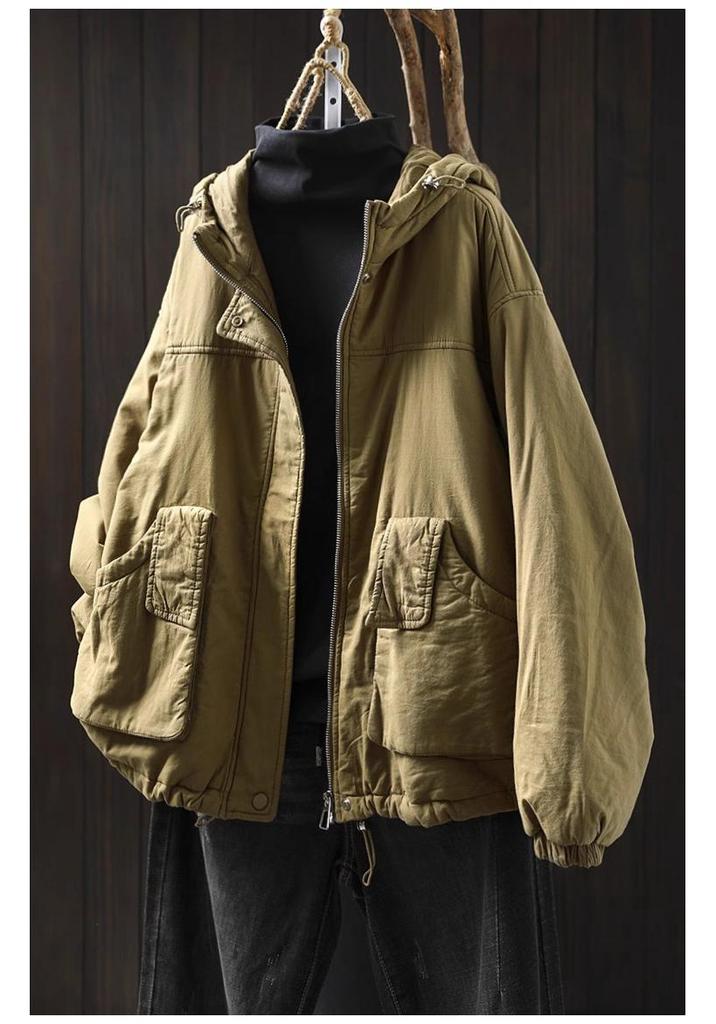 Women's Retro Casual Quilted Cotton Jacket with Hood, Large Pockets, Lightweight, Loose Fit, Plus Size, Winter Warm Outerwear.
