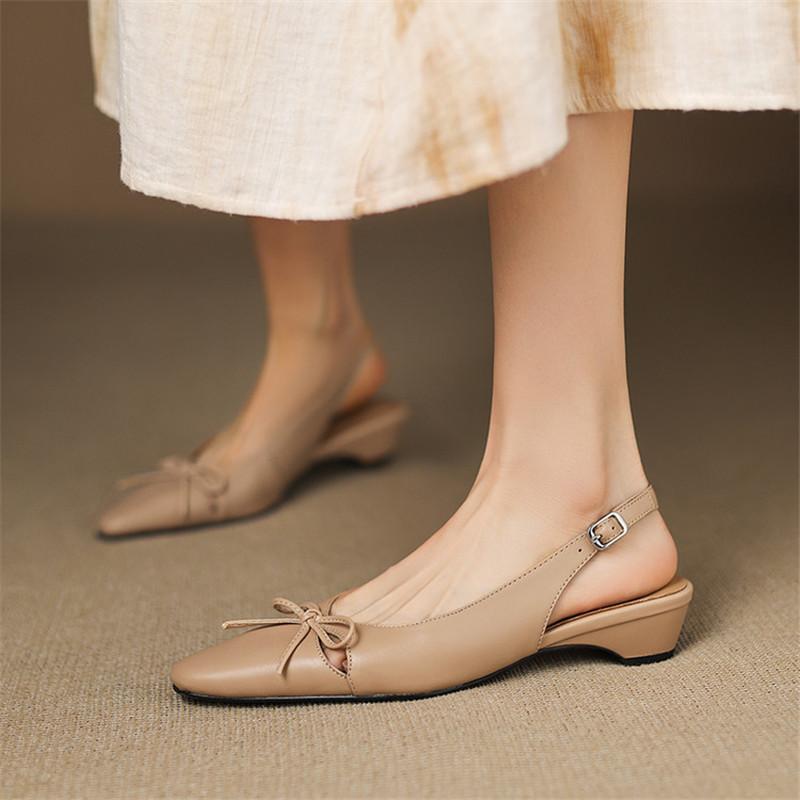 Fashion New Summer Sandals Genuine Leather Women Shoes Square Toe Sandals for Women Fashion Hollow Out Bow Sandals Low Heels Shoes