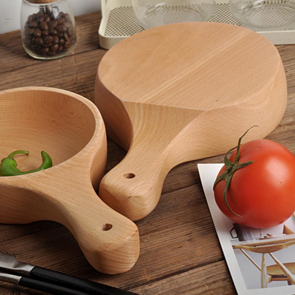450/650ml Natural Beech Wood Handmade Salad Bowl with Handle Household Fruit Serving Tray Home Kitchen Cheese Butter Platter