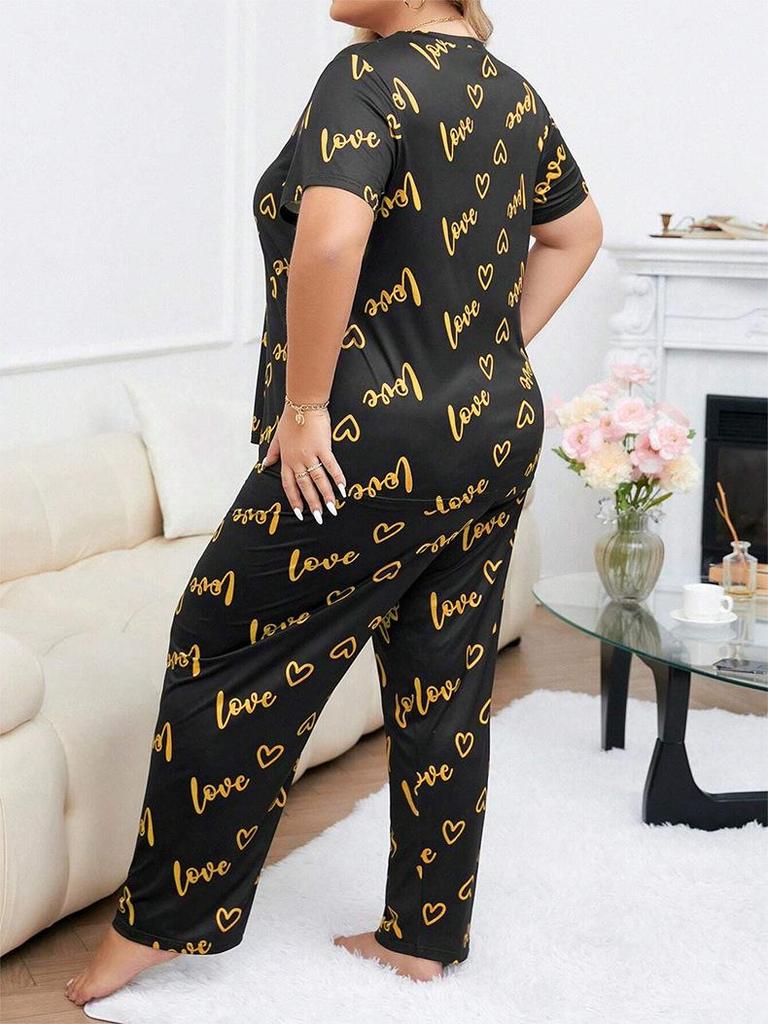 European & American Style Women's Plus Size Heart Print Pajama Set - Short Sleeve, Crew Neck, Long Pants
