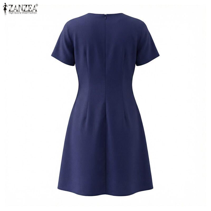 ZANZEA Women Casual Round Neck Solid Color Short Sleeve Dress
