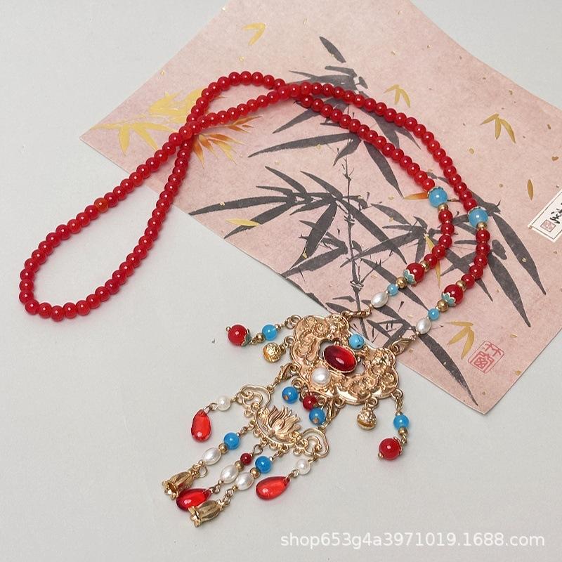 {Summer2} Hanfu Tassels Necklace Long Chain Vintage Chinese Necklace Tang Ming Dynasty Hanfu Pendant Necklace For Women Girl