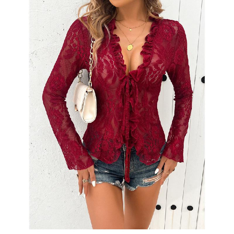Летняя мода новый топ, сексуальный облегающий кружевной кардиган с длинным рукавом, кружевной топ с V-образным вырезом для женщин S красный