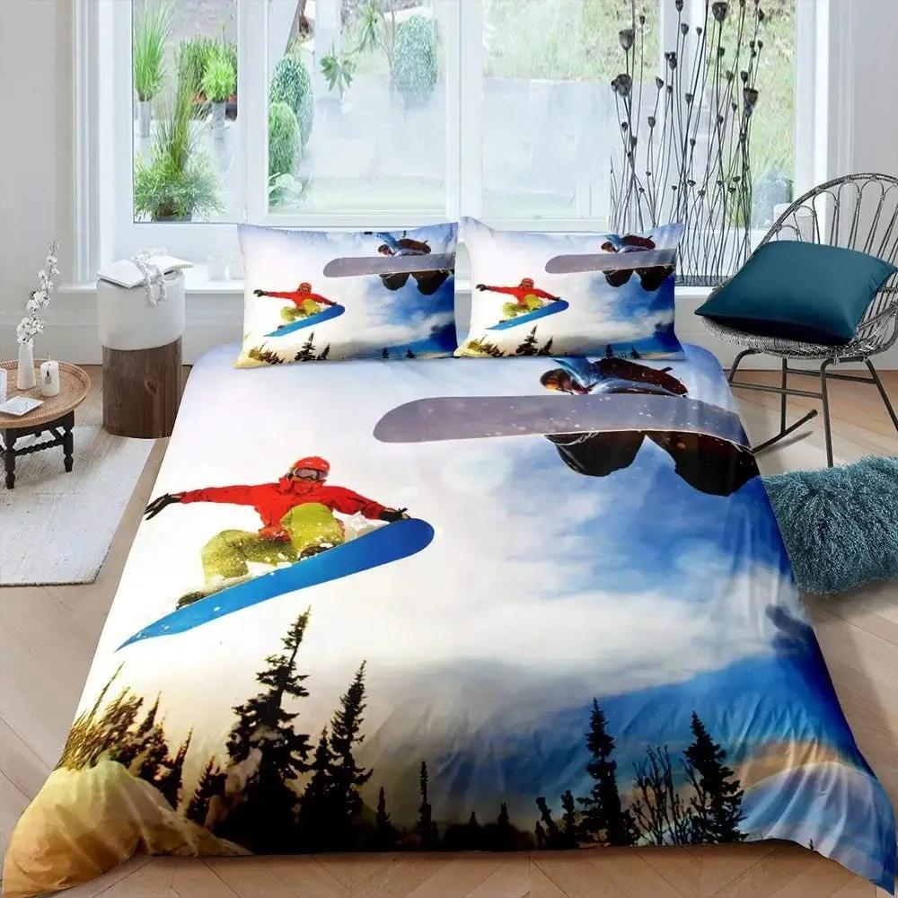 Ski Sports Duvet Cover Set Full Size Winter Sports Skiing Bedding Sets Snow Mountain Landscape Comforter Cover for Boys Girls
