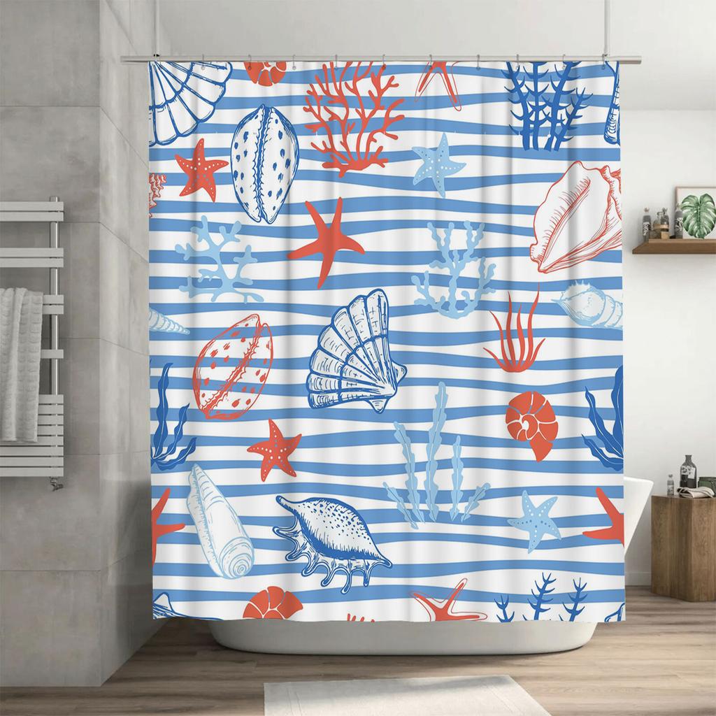Beach Life Shower CurtainUnderwater Ocean Waves Seashells Blue Striped Fabric Waterproof Bathtub Decor