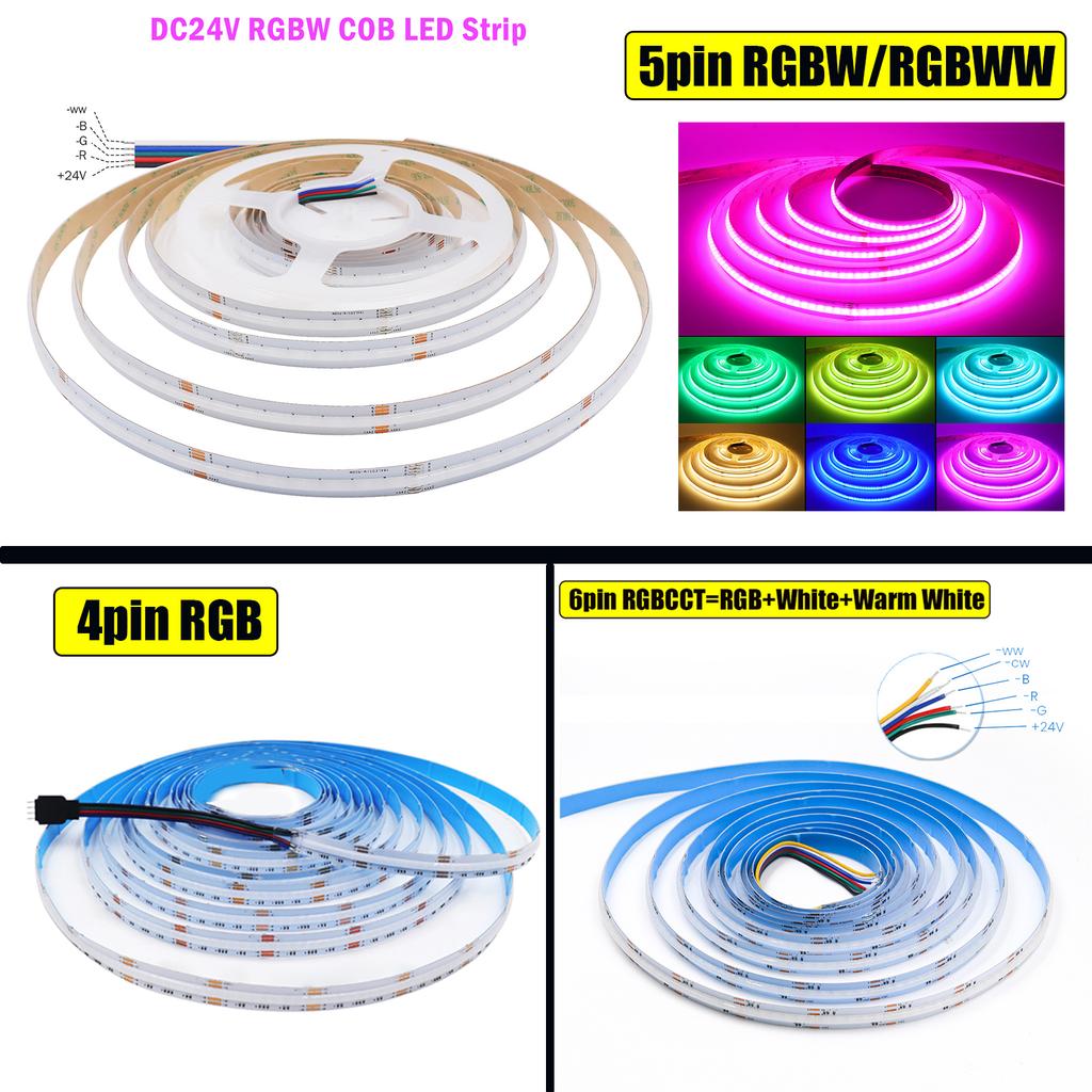 12V 24V COB LED Strip Light High Density Dotless RGB RGBW RGBCCT Changing Flexible Tape for Home Decor