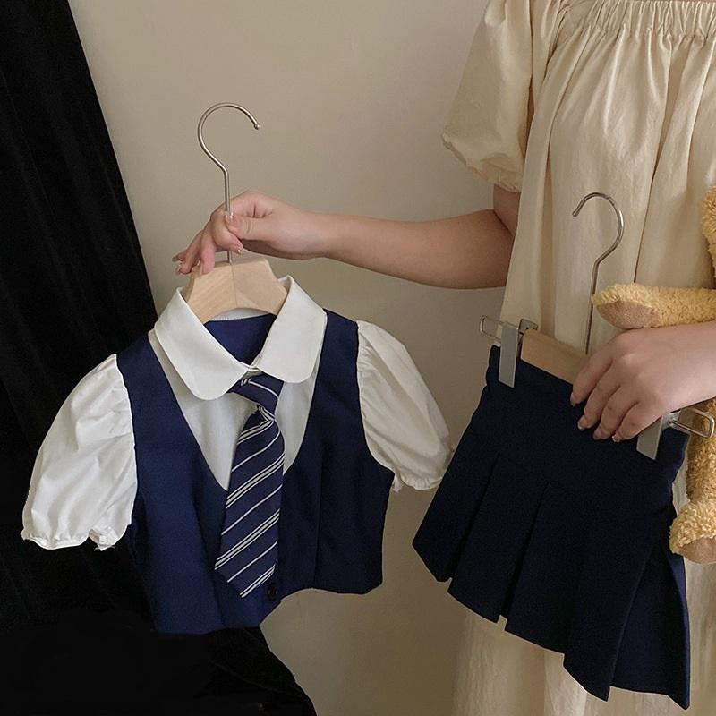 Summer Preppy Style Children Outfits Kids Clothes Set Teenage Girls School Uniform Short Sleeve Shirt+Skirt Two Piece Suit