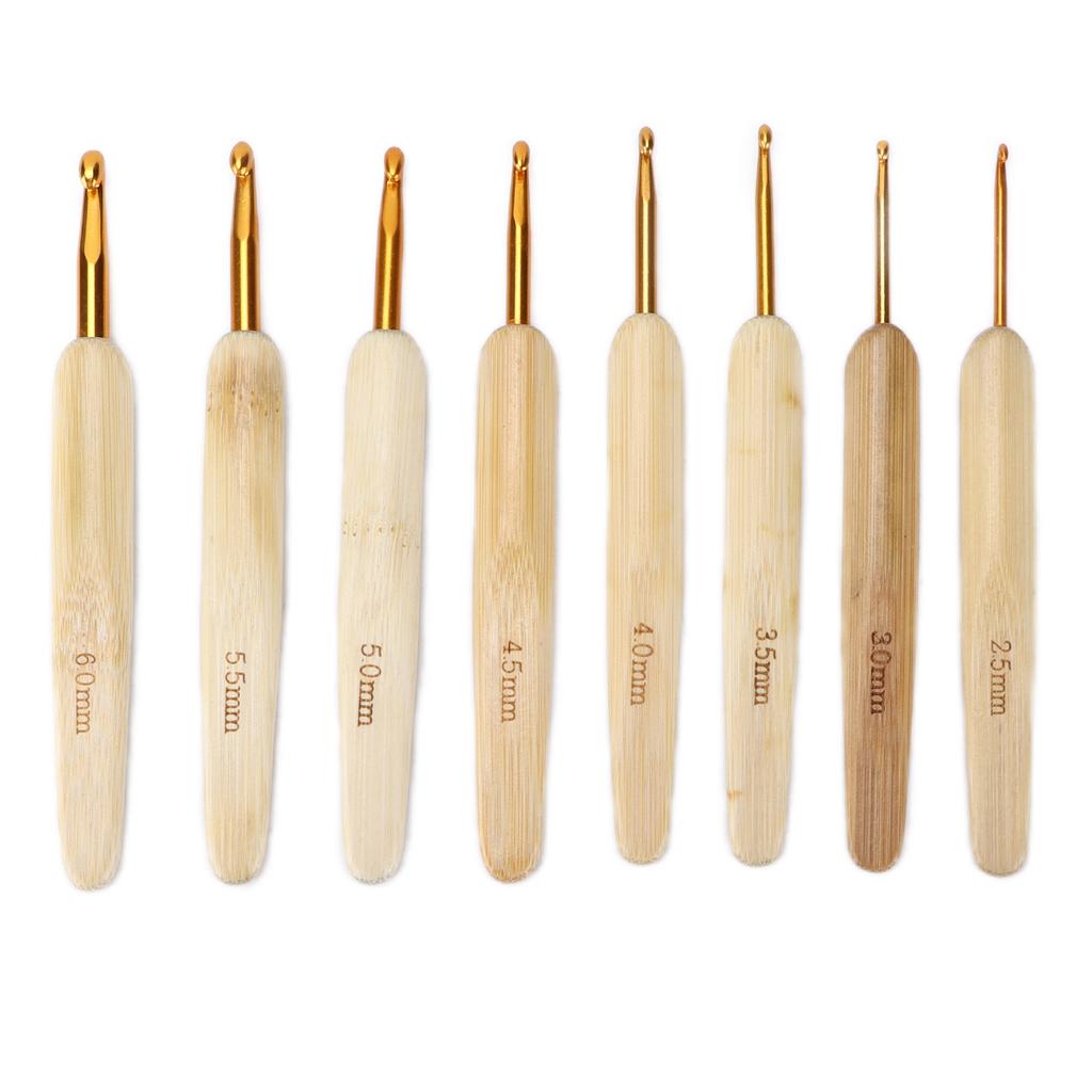 8pcs Crochet Hooks Alumina Needle Bamboo Handle Golden Weaving Tools for Handicraft Lovers
