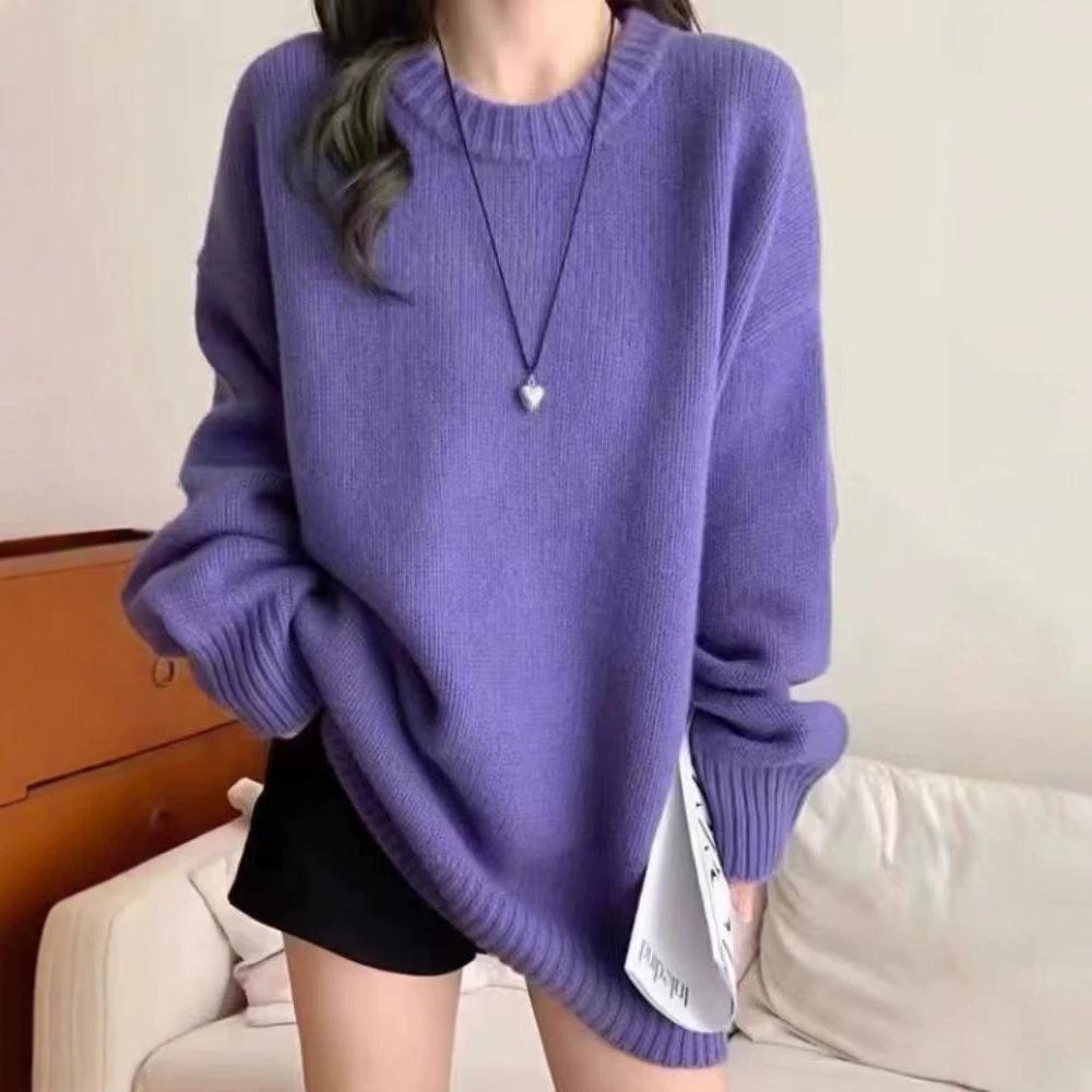 Cross2026 Autumn/Winter Mid-Length Knit Sweater Dress - Women's Loose Round Neck Solid Color