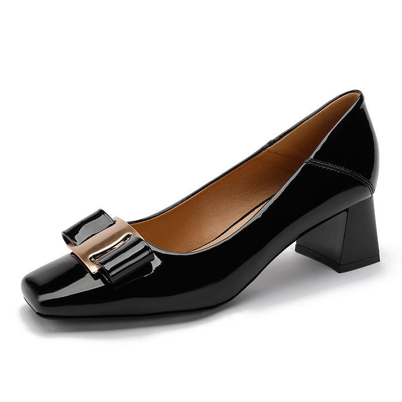 Black high heels women's thick heels are not tired of feet 2025 new spring and autumn versatile women's shoes medium heel patent leather square head
