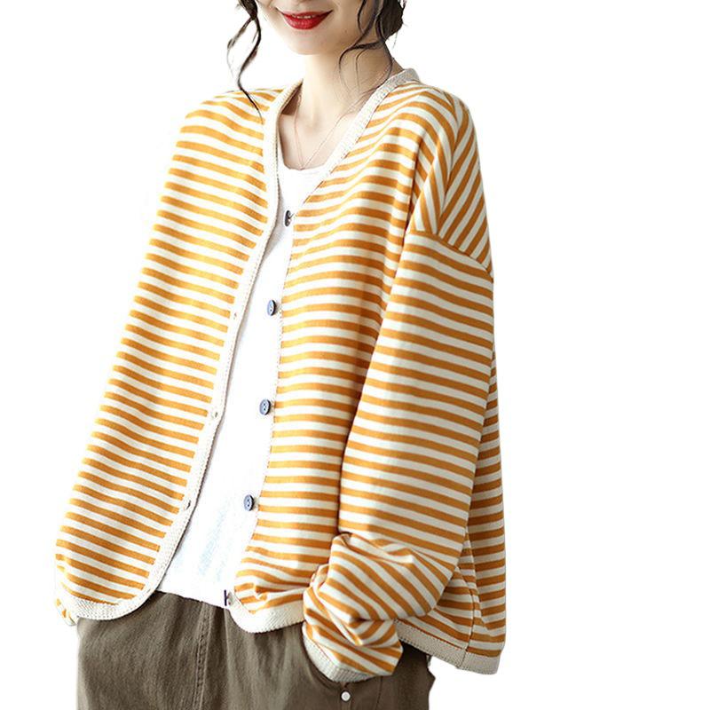 Spring Striped Webbing-Edged Single-Breasted Long Sleeve Women's Jacket Cardigan