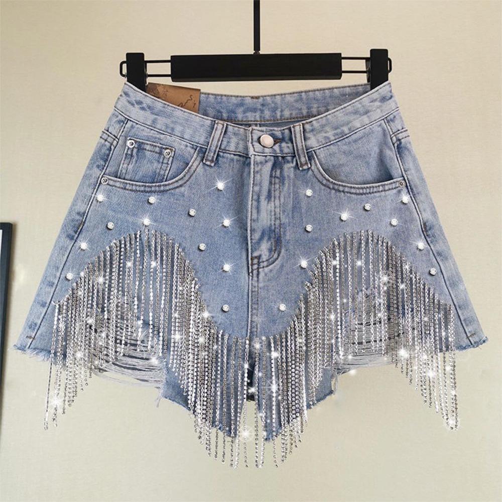 Pantaloncini di Jeans da Donna a Vita Media Elasticità Media Vestibilità Larga Frange di Strass Strappati Streetwear Hot Pants