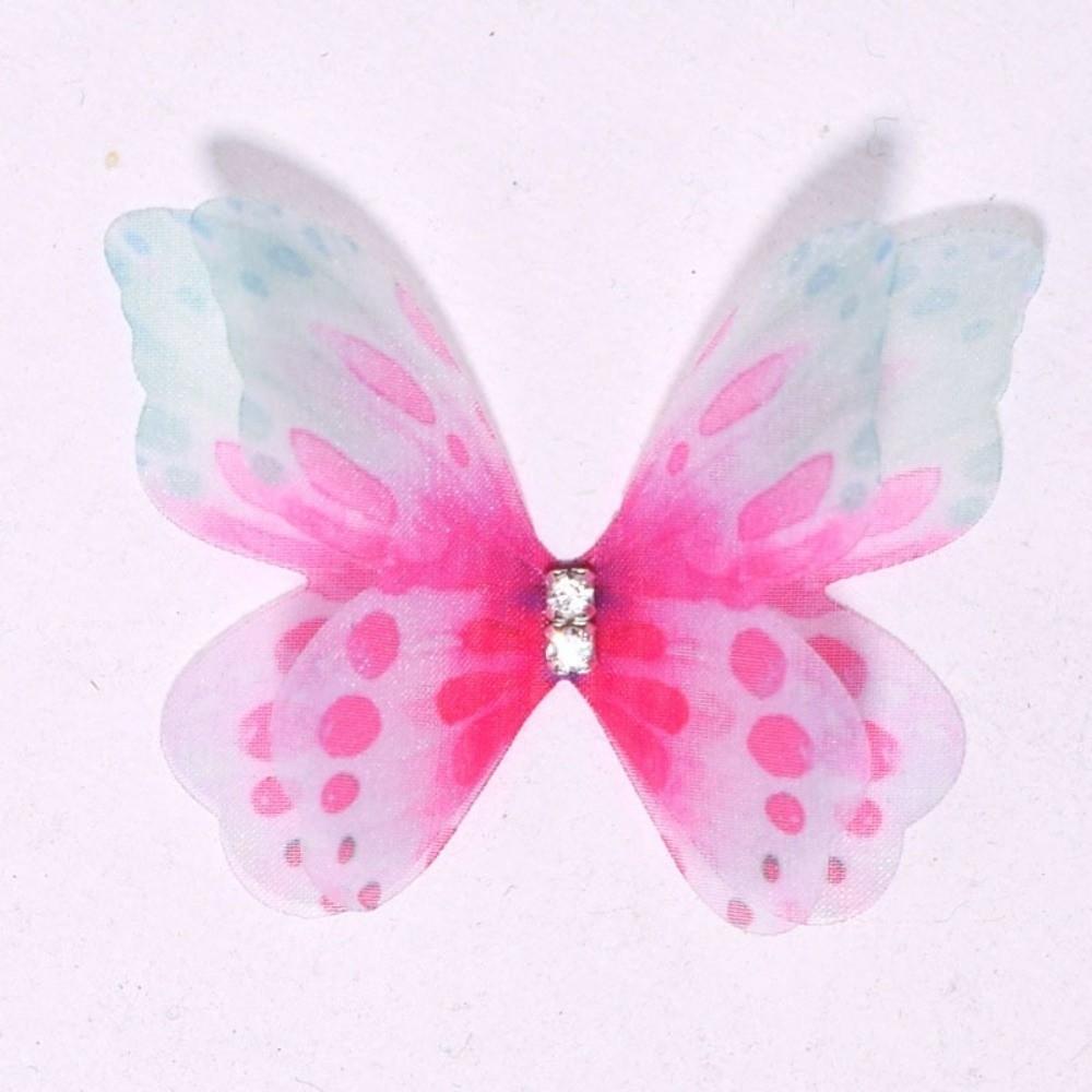 50Pcs 3D Organza Fabric Butterfly Appliques Rhinestone Double-layer Simulation Mesh Butterfly Patch Gradient Color Translucent