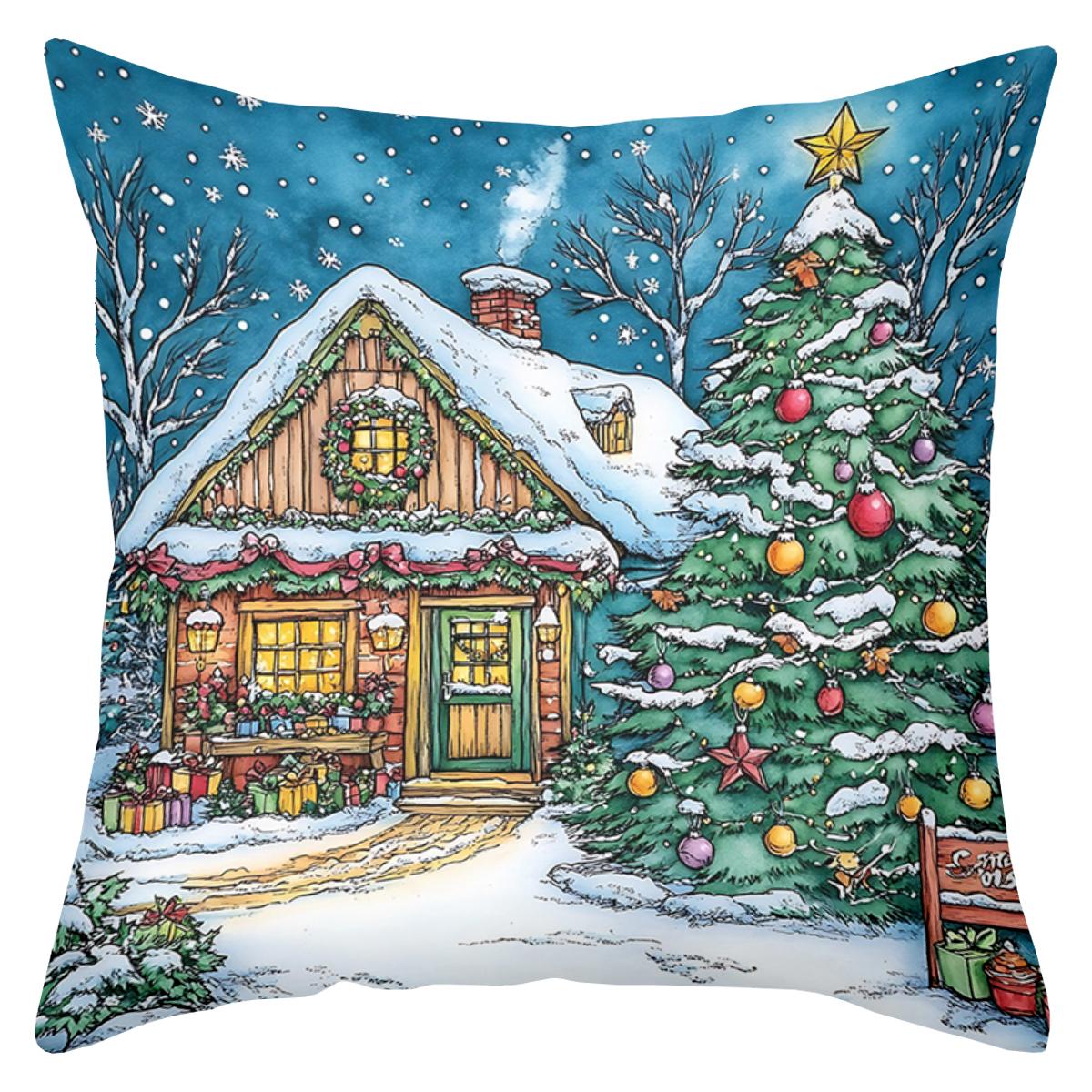 

1 Pieces Christmas Cottage Pattern Decorative Throw Pillows Polyester pillowcase, sofa decorative cushion cov Headboard Pillow 16x16Inch