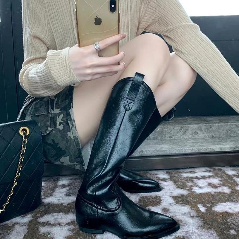 Cowhide~ V-mouth But Knee-high Boots Pointed Western Boots Leather Knight Boots Women's Boots