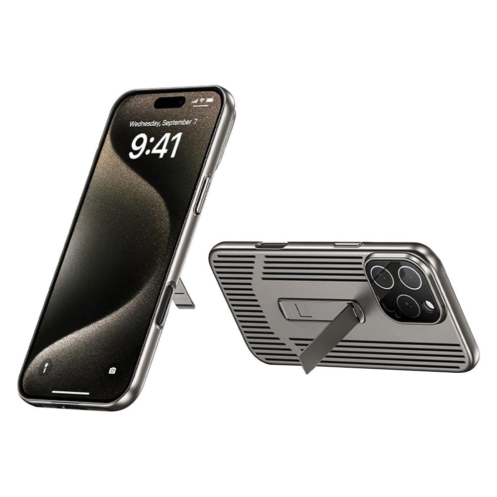 

For iPhone 16 Pro Max Case Heat Dissipation Kickstand PC Phone Cover Built-In Glass Lens Film Titanium Grey