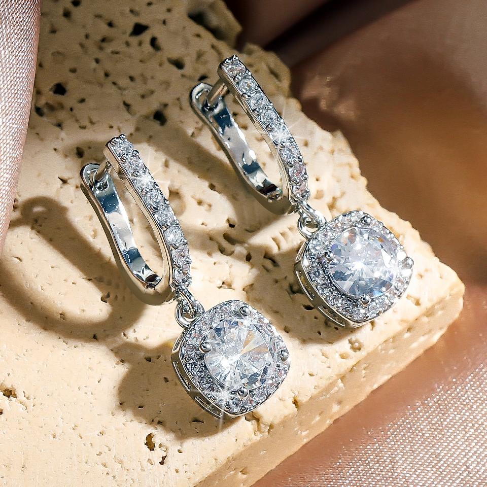 Htpwe New Trendy Square Shape Drop Earrings Brilliant Bridal Engagement Wedding Zircon Elegant Female Dangle Earring Nice Gift