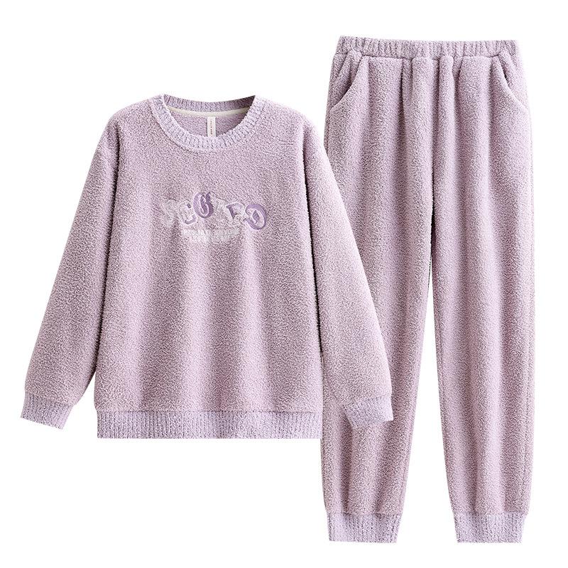 Half Fleece Pajamas Women'S Winter Thickened Fleece Women'S Autumn And Winter Coral Fleece Can Be Worn Outside Soft Winter Loungewear