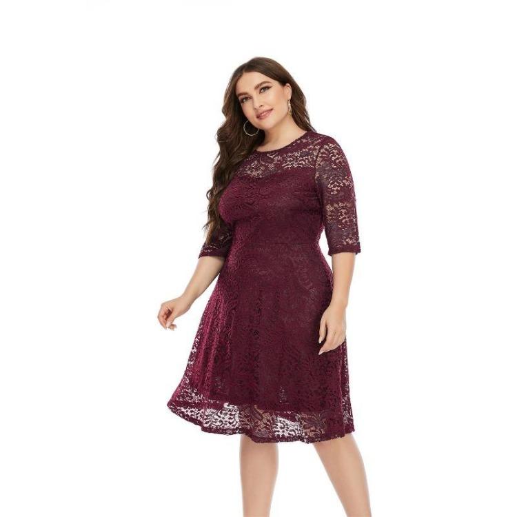 Damska Koronkowa Długa Sukienka Plus Size z Okrągłym Dekoltem na Wiosnę i Lato