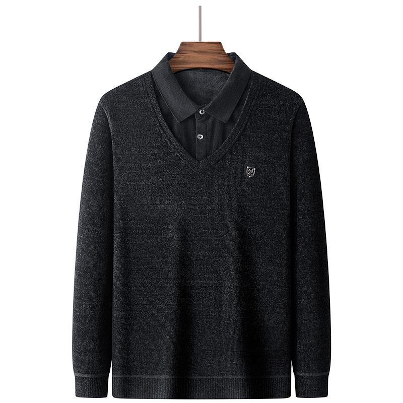 Dad's Winter Warm Chenille Knitwear: Men's Fleece-Lined Two-Piece Sweater with Thick Shirt Collar for Autumn/Winter.