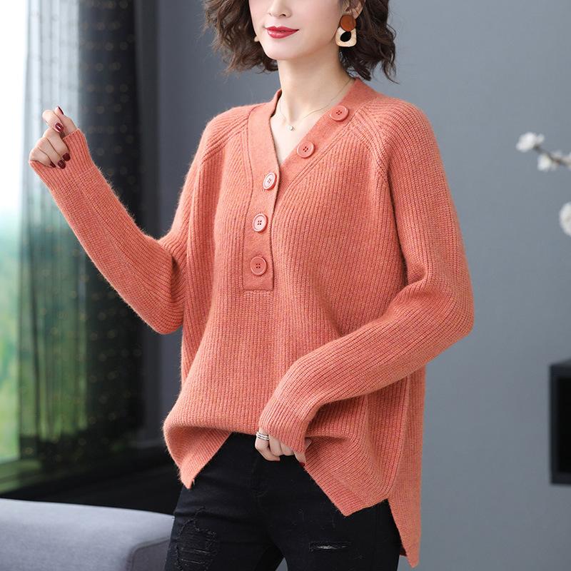 

V-neck Knitted Sweater Women s Fashion Loose Casual Pullover Autumn and Winter Long-sleeved Sweater S оранжевый
