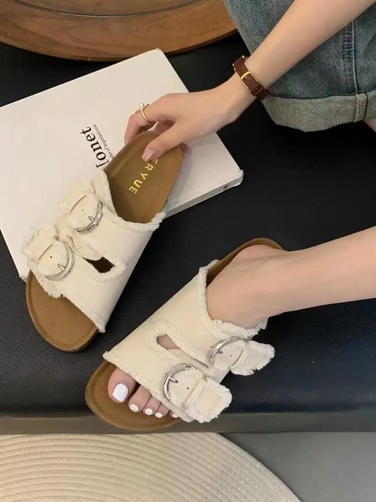 Französische Retro Gürtelschnalle Denim Hausschuhe Damen Quaste Lässige Flip Flops Damen Sommer Outdoor Urlaub Strandschuhe Damen Sanda