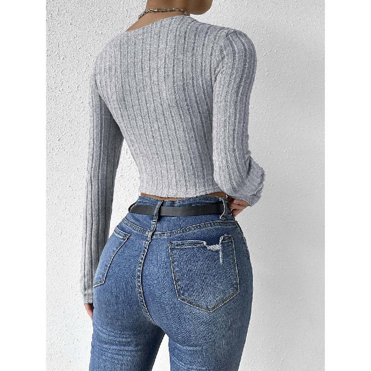 Women'S Sexy V-Neck T-Shirt Autumn And Winter Careful Machine Exposed Navel Slim Fit Short Top