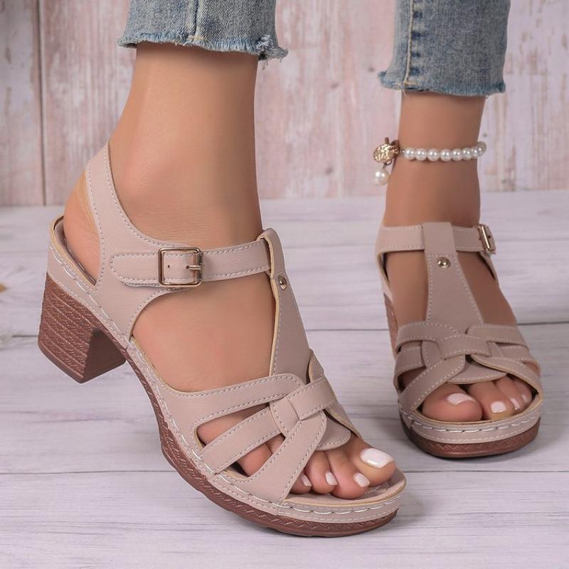 New Round Toe Shoes One-piece Buckle Large-sized Thick High-heeled Sandals