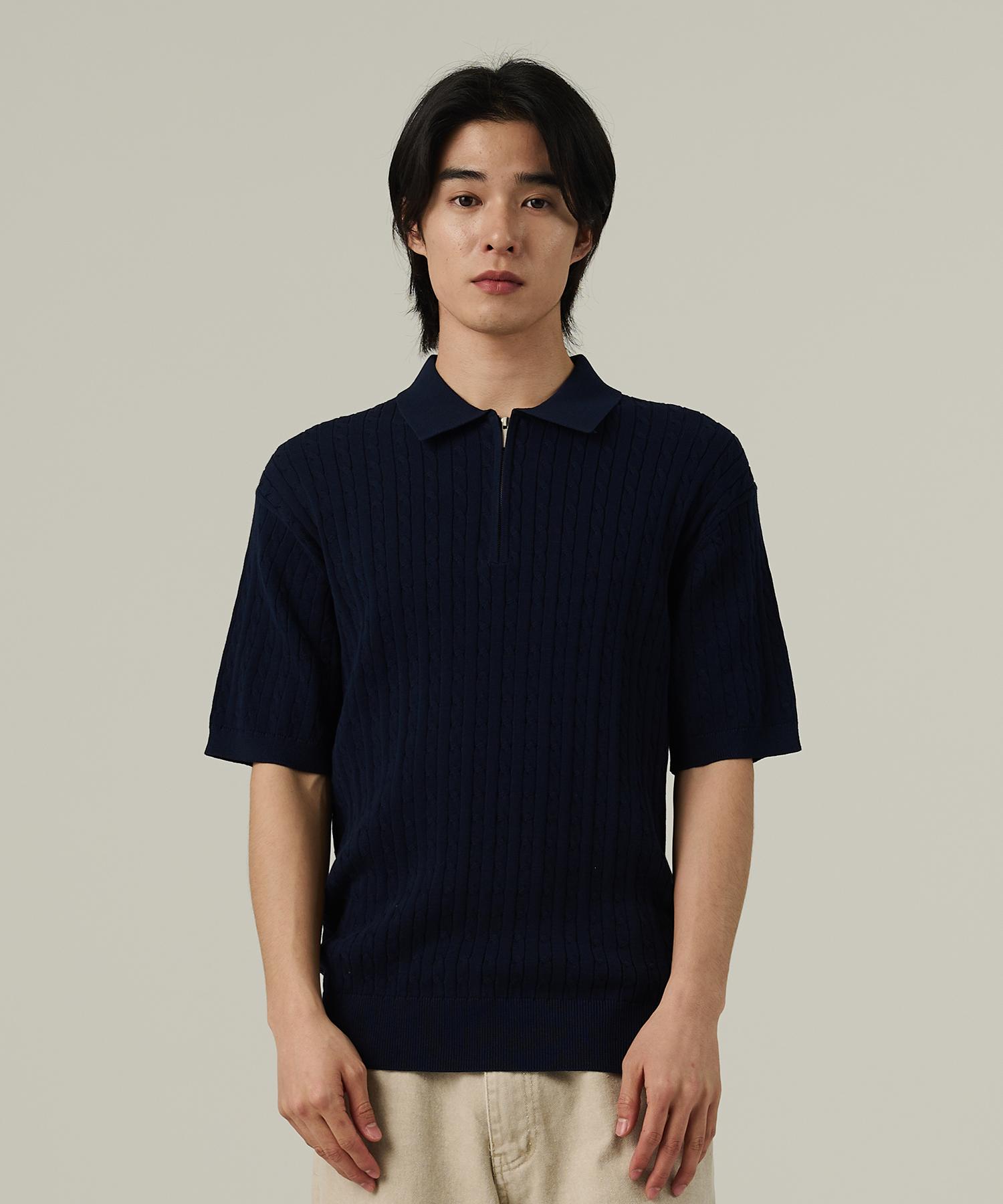 Analog Mood Cable Half-Zip Collar Short-Sleeve Knit (Navy) Free