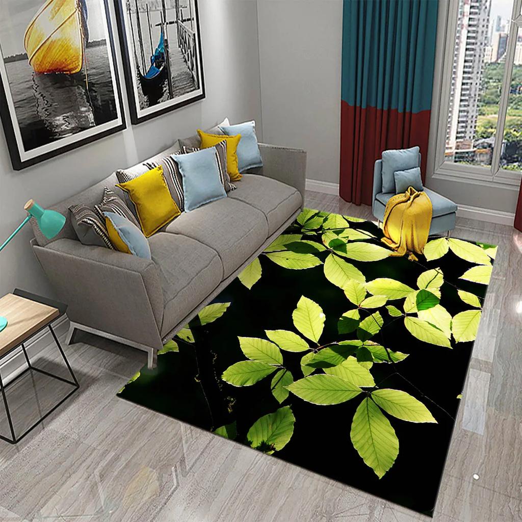 Green Leaves Carpet Natural Landscape Rug Black Rectangle Area Rugs for Adults Yoga Mats Bedroom Living Room Decor Soft Door Mat
