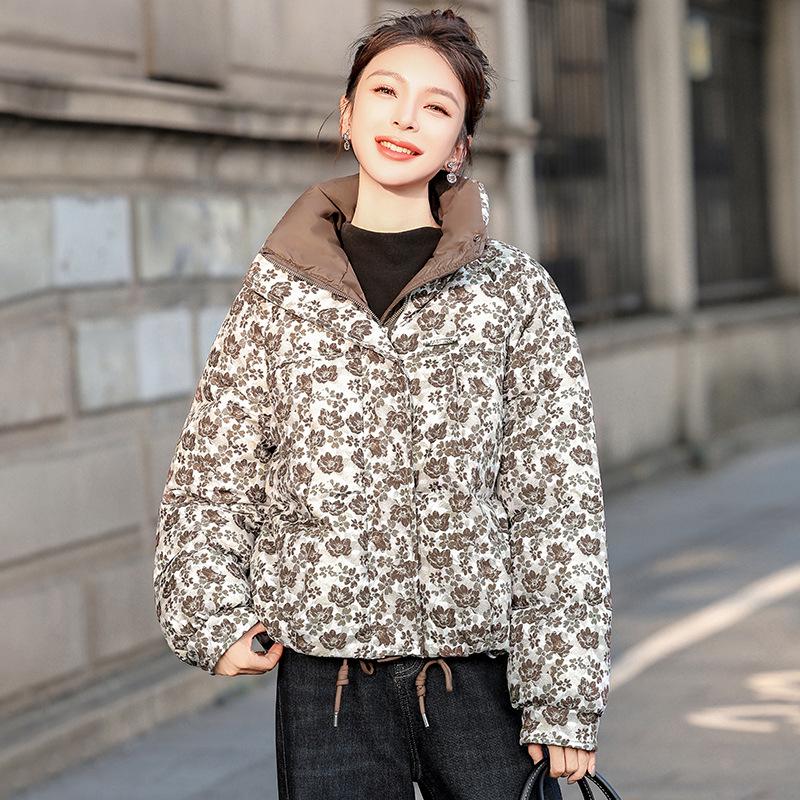 Women's Printed Cotton Padded Jacket, Stand Collar, Thickened Loose Fit, Short, Winter 2026, Small Floral Retro Style.