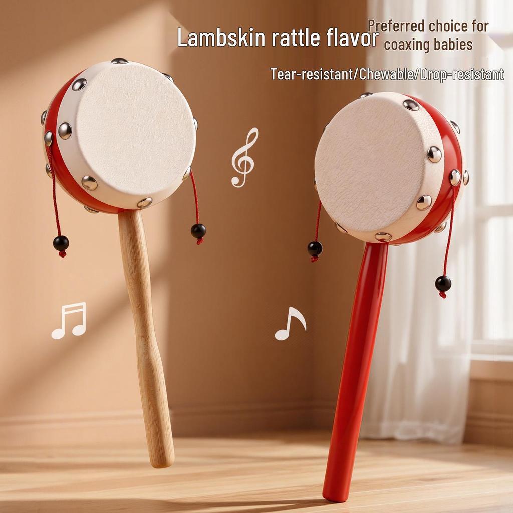 Chewable Wooden Sheepskin Drum Rattle for Newborns, Traditional Handheld Bell Toy for 1-Year-Olds