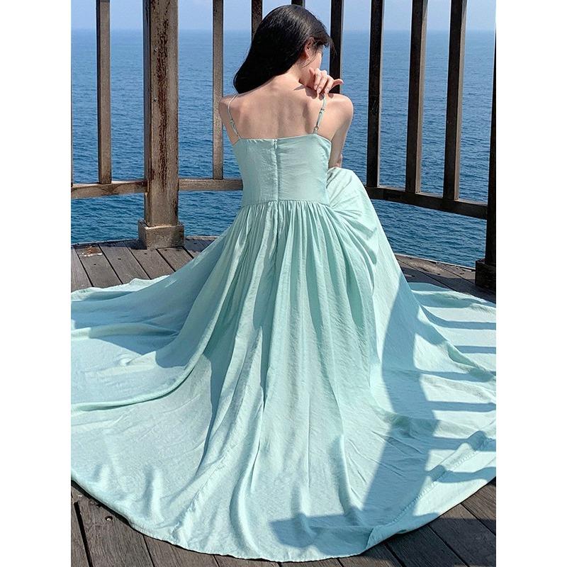 Blue-green Pendulum Temperament Dress Fairy Vacation Thin High-end Dress To Ankle Long and Gentle
