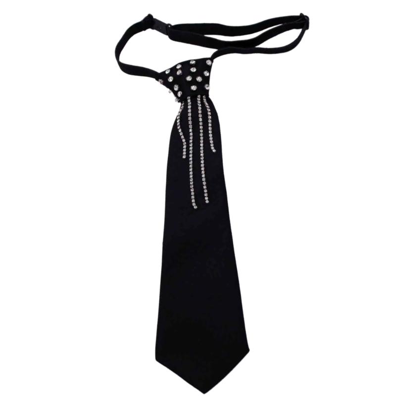 Elegant Rhinestones Embellished JK Shirt Tie for Women Men Harajuku Student Uniform Adjustable Pre Tied Black Necktie