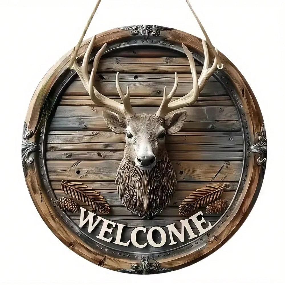 Rustic Deer Antler Welcome Sign Metal Wall Art, Country Home Hanging Plaque Wood Look Decor