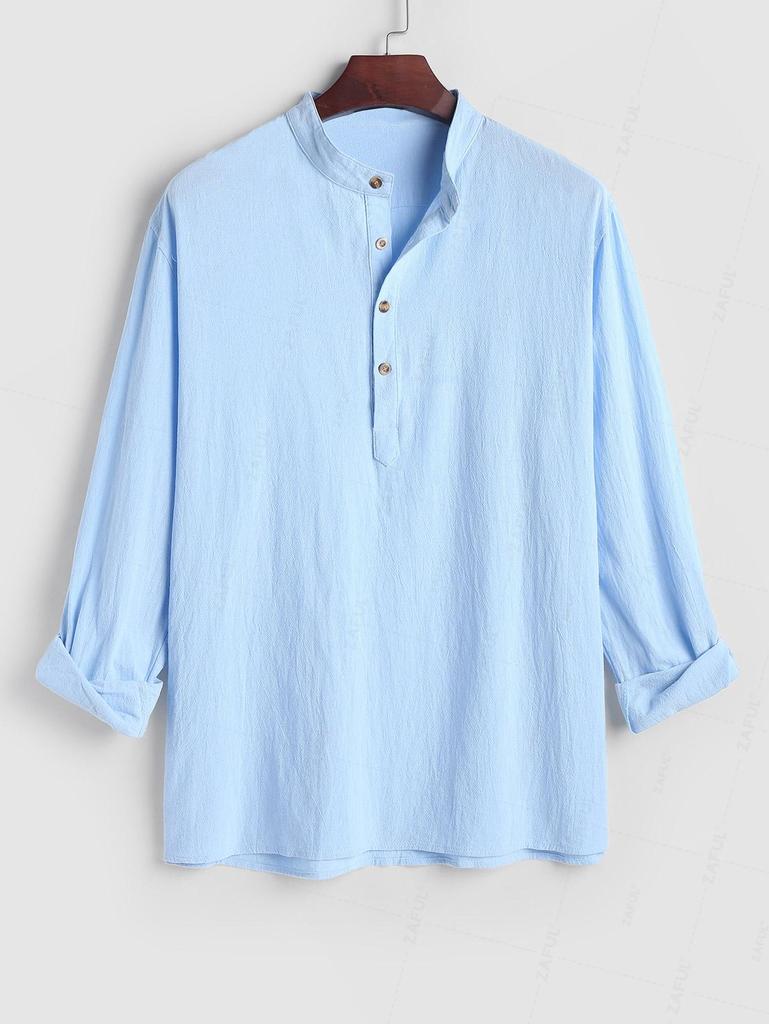ZAFUL Men's Simple Style Plain Color Half Button Stand Collar Cotton and Linen Long Sleeves Pullover Shirt