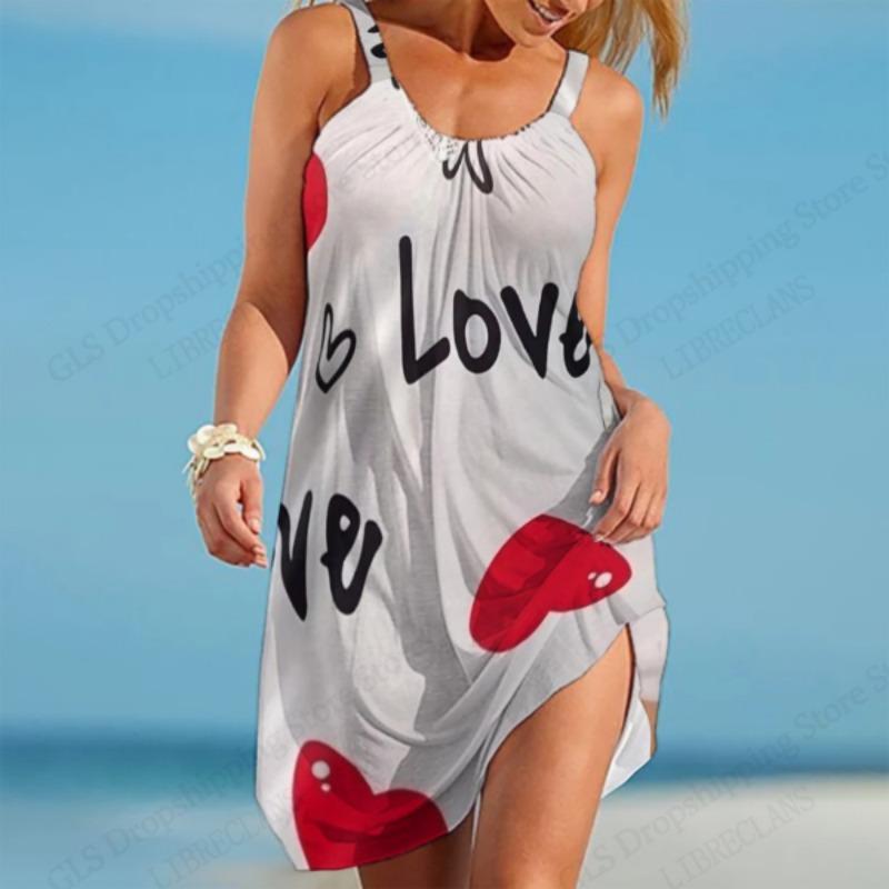

Sleeveless Strap Dress Beach Elegant Summer Letter Love Flower 3d Print Dress Sexy Bohemian Floral Dress Party Evening Dresses XL