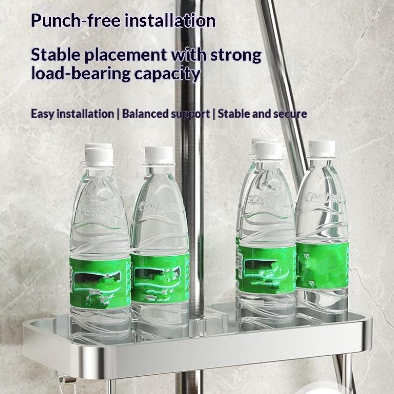 Punch-Free Shower Caddy With Towel Rod Bathroom Shelf Shampoo Soap Holder Shower Tray For Toilet Bathroom Organizer