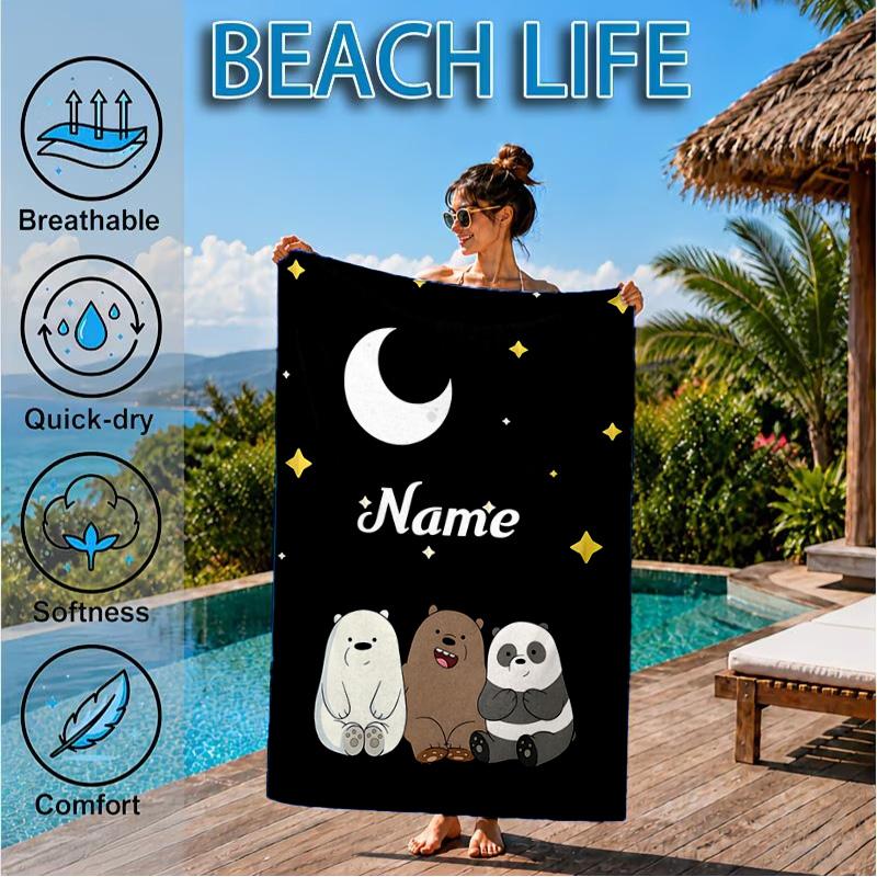 Custom Name Brown Bear Heart Love Beach Towel Microfiber Beach Towel, Lightweight and Quick-Dry, for Summer Travel, Swimming Pool Gift