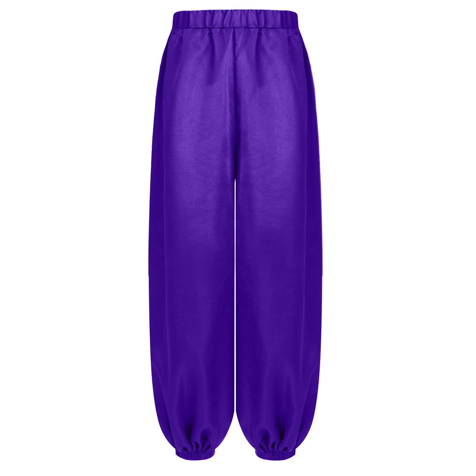 

Штани для танцю живота для дівчаток, вільні атласні шаровари, еластичний пояс, сценічний виступ, тематична вечірка, повсякденний одяг 13-14 Years фіолетовий