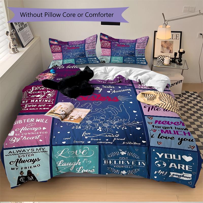 3PCs Sister Quotes Design Cover Set, Breathable Fabric, Machine Washable (1 Duvet Cover + 2 Pillowcases) (Without Quilt) Yy250911179